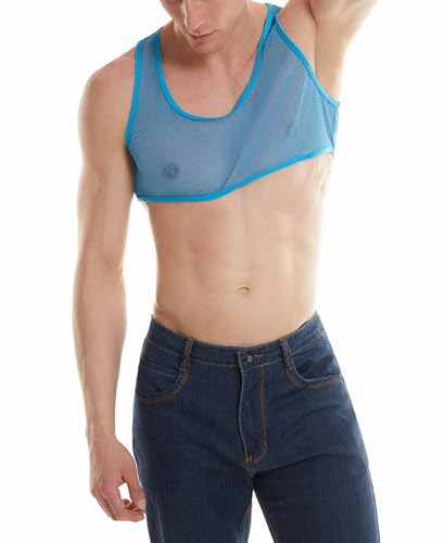 Panegy Men Shiny Sheer Half Tank Top Sleeveless Mesh Muscle Gym Crop Top Undershirt Slim Fit Short Vest 20243