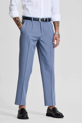 Image of SNITCH Men Formal Trousers | Regular Fit Pleated Front with Turned-Up Hem | Polyester Blend & Medium Stretch Fabric for Office & Winter Wear