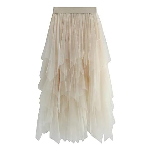 SANSIWU Women Tulle Skirt Floral Print Mesh Elastic High Waist Layered Tutu Skirt A-Line Midi Skirt Female Skirts (C- Apricot, One Size) Cover