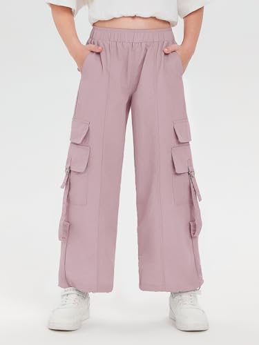 Image of Haloumoning Girls Parachute Pants Kids Wide Leg Cargo Pants Y2K Street Trousers with Pockets 5-14 Years