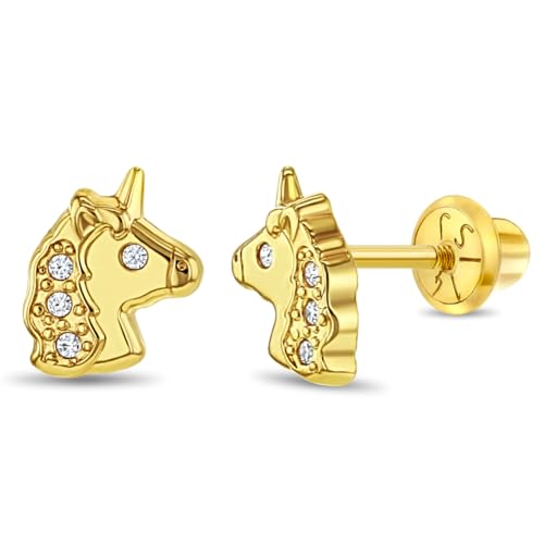 14k Yellow Gold Clear Cubic Zirconia Unicorn Screw Back Earrings For Toddlers and Little Girls - Sweet Unicorn Earrings For a Young Girls Special Birthday - Safety Screw Back Girl Earrings