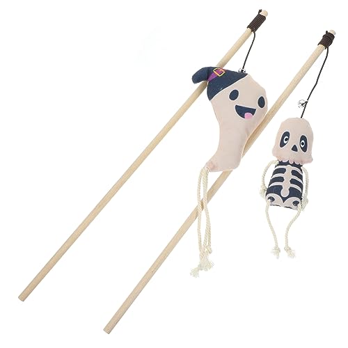 Ipetboom Halloween Cat Wand Kitten Ghost Skeleton Teasing Toys 2PCS Cute Cat Teaser Stick Interactive Teaser Cat Toy for Cat