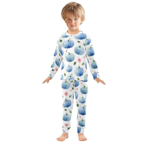 Pajama Sets Long Sleeve Blue Pumpkins on White Background Soft Comfy Sleepwear 2 Piece PJS 3-8T2