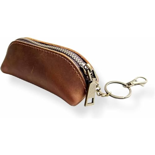 Mens Genuine Leather Coin Purse Metal Hook Key Ring Zipper Wallet Coin Holder Key Chain (Brown)