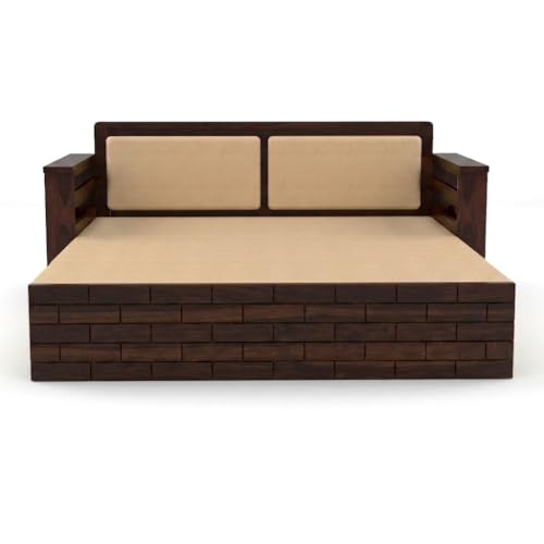 Image of Sheesham Wooden 3 Seater Sofa Cum Bed with Storage - Modern Daybed with Upholstered Backrest | Living Room Convertible Sofa Bed - Wooden Sofa Cum Bed with Mattress (Design 4)