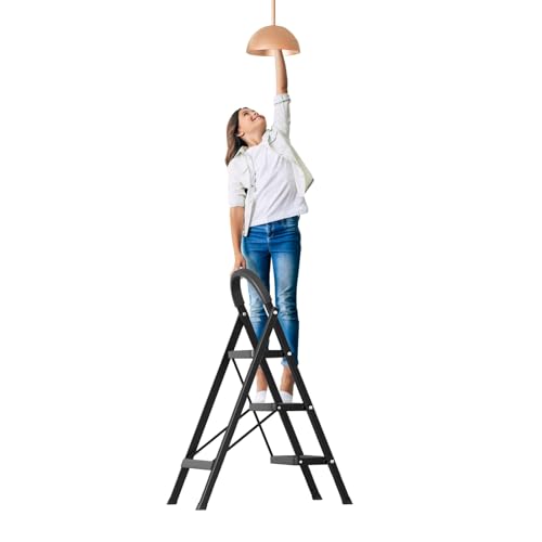 Roadoor Escabeau Pliant 3 Marches, Marche Pied Léger Antidérapant avec Large Pédale, Escabeau en Acier Portable pour Maison, Bureau, Cuisine, et Usage Extérieur, Capacité de 150 kg Noir