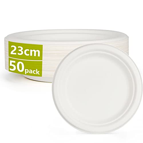 katbite Pappteller, Einwegteller aus Zuckerrohr, Nachhaltige Teller Bio Umweltfreundlich Einweggeschirr, 23cm 50 Stück Cover
