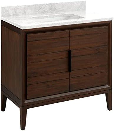Signature Hardware 482515 Aliso 36" Free Standing Single Basin Vanity Set with Teak Cabinet, Quartz Vanity Top, and Rectangular Porcelain Undermount Sink - Java/Carrara Marble