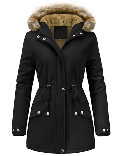 Vijamiy Winterparka Damen Warm Gefüttert Fleece Winterjacke Wasserdicht Wintermantel Winddicht Kapuzenmantel Mit Fell Lange parka(Schwarz,S)