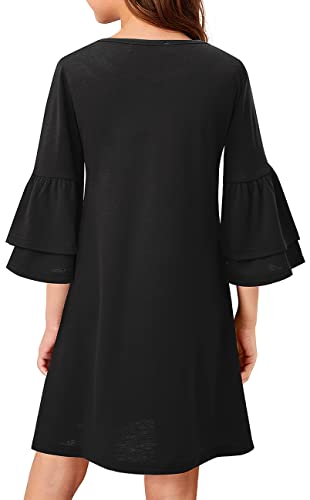 Kilottor Girls Dress Sweet Cute Round Neck Bell Sleeve Shift Dress Mini Dress 13 Years 14 Years Kc105 (Black, 13-14Y) #TOP1