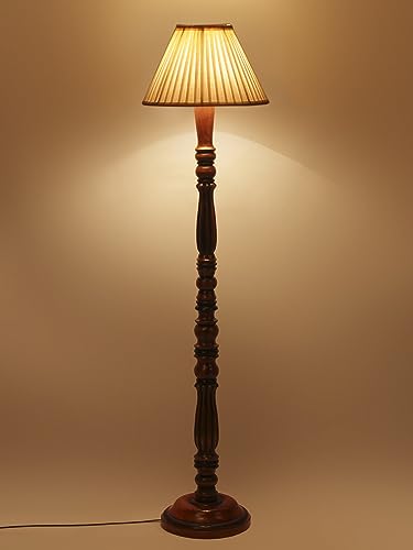 Image of Straight Pleated Off-White Cotton Floor Lamp with Wooden Base - Height 54 Inches | Elegant Standing Lamp for Living Room, Bedroom & Office | Stylish Home Lighting Decor
