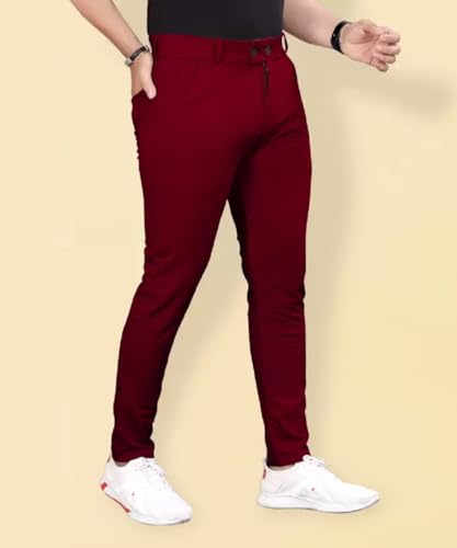 Image of Men's Slim Fit Formal Trousers with Mid-Rise Waist and Lycra Blend | Solid Pattern and Button Closure | Ideal for Office, Business, and Everyday Wear