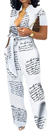 Senight Women Jumpsuits Elegant Business Summer Casual V Neck Zipper Short Sleeve Sexy White Floral Strap Straight Long Pants Rompers With Pockets #TOP23