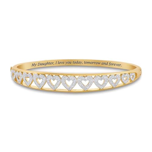 The Danbury Mint My Daughter Forever Diamond Bangle – A Dozen Genuine Diamonds and Hearts – 14kt Gold-Plating – Inscribed Sentiment – Gift for Daughter, #5120-0012