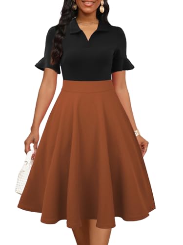 Image of Mokayee Womens Summer Ruffle Sleeve Collared V Neck Fit and Flare Elegant A line Swing Dresses with Pockets