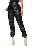 Tcremisa Women's Leather Jogger Pants High Waist Faux Leather Trousers Casual Cargo Pant with Pockets