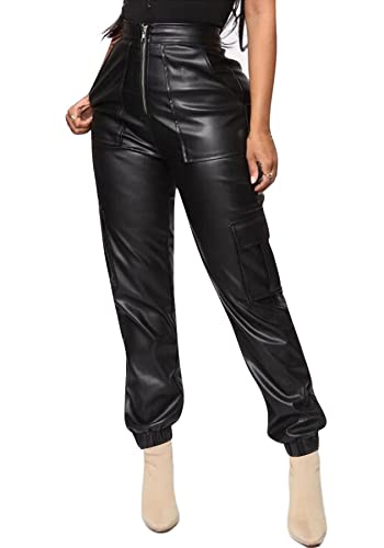Tcremisa Women's Leather Jogger Pants High Waist Faux Leather Trousers Casual Cargo Pant with Pockets