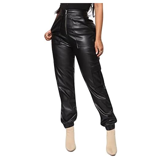 Tcremisa Women's Leather Jogger Pants High Waist Faux Leather Trousers Casual Cargo Pant with Pockets