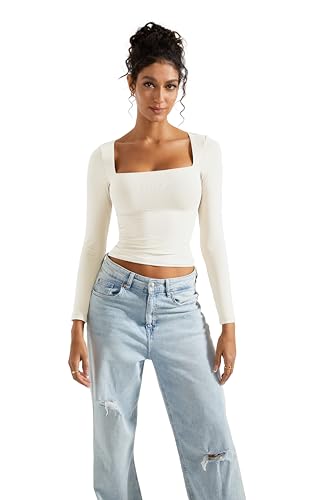 SUUKSESS Women Square Neck Long Sleeve Tops Double Lined Going Out T Shirts2