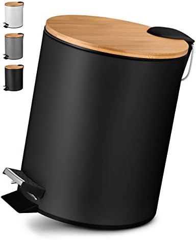 VMbathrooms Kosmetikeimer 5L Tretmülleimer schwarz mit Bambusdeckel | Soft-Close | Herausnehmbarer Inneneimer | Für Bad, Gäste-WC, Schminktisch & kleine Räume | Leise Pedalbedienun