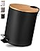 VMbathrooms 5L Kosmetikeimer in edlem schwarzem Design | Tretmülleimer mit Absenkautomatik (Soft Close) | Eleganter Eimer fürs Bad mit Innenbehälter und Bambus-Holzdeckel