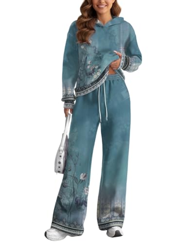 TIAFORD Women's Cropped Hoodie Wide Leg Pants Set, Turquoise Vintage