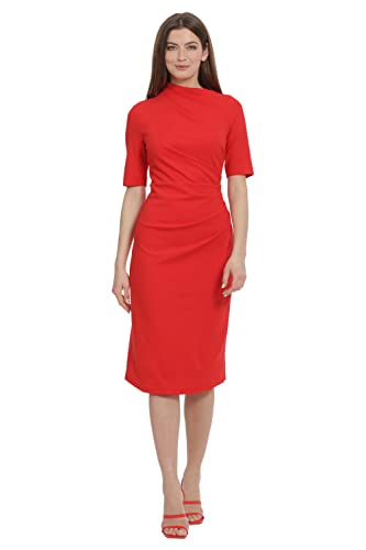 Image of Maggy London Women's Maggy London Women's Dresses Side Pleat Dress with Asymmetric Neck and Elbow Sleeves