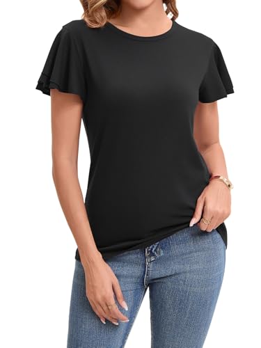 Suncife Camiseta de Verano de Manga Corta para Mujer, Elegante, Casual, con Volantes, Negro, XL