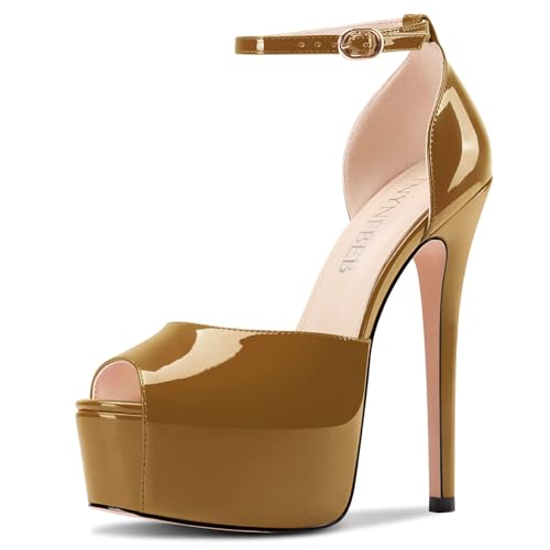Image of TNYNFBEB Womens Stiletto High Platform Heel Peep Open Toe Sandals Ankle Strap Buckle Prom Party Dress Patent Leather 6.1 Inches Heels