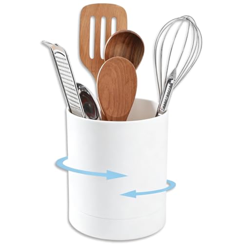 Support pour ustensiles de cuisine, organisateur d'ustensiles rotatif à 360 °, pot à ustensiles de comptoir, organisateur de rangement pour ustensiles de cuisine pour cuillères, fourchettes (blanc)