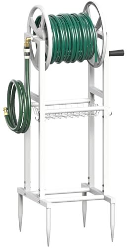 Image of Freestanding Garden Hose Reel holds 125ft Hose of 5 /8 inch with 4 Hooks, 4-Spike Outdoor Hose Holder with 3.9ft Leader Hose & Brass Fitting, Detachable Metal Hose Stand with Storage Rack, White