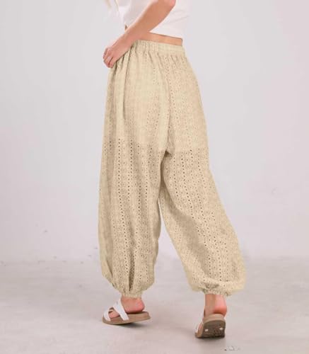 utcoco Womens Eyelet Lace Beach Palazzo Harem Pants Casual Loose Embroidery High Waist Cotton Trousers with Pockets2