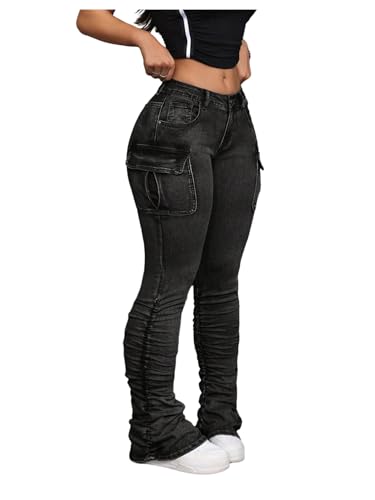 MakeMeChic Women's Cargo Skinny Jeans Stretchy Denim Pants Y2K High Waisted Bootcut Jeans with Pockets