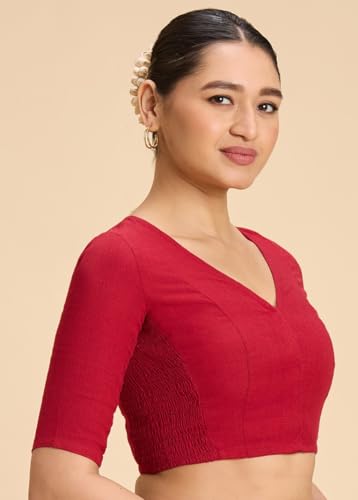 Image of Studio Shringaar Women's Thick Handloom Cotton Plain Side Stretch (Smocked) Readymade Saree Blouse