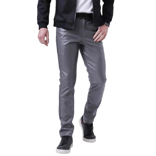 Hndudnff Men Thin Stretch Slim Pu Pants Zipper Casual Business Slim Fit Trousers