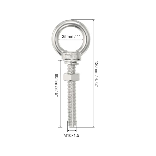 Image of uxcell M10*80 3 /8 inchx3.15 inch Stainless Steel Eye Bolts Threaded Screw Eyebolt Shoulder Ring with Nuts Washers for Lifting Hanging, 2 Set