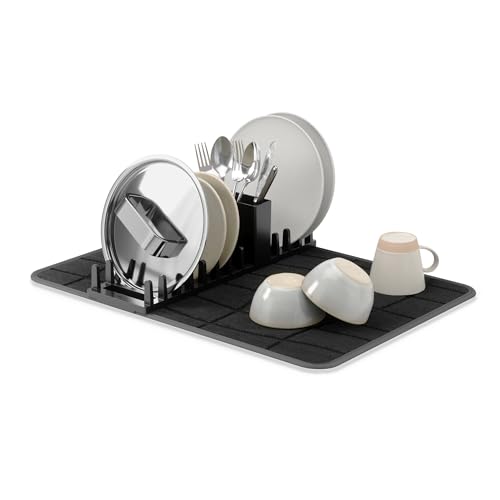 Umbra Udry Dish Drying Rack with Microfiber Mat, Foldable Drainer, Black
