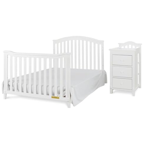 Image of Pemberly Row 4-in-1 Convertible Crib & Changer, Solid Pine Wood, White Finish, Arched Headboard, 3-Level Mattress Adjustments, Includes Changing Pad, Space-Saving Baby Station with Drawers & Shelves