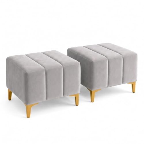 Image of FURNY Harmony 5 Seater L Shape Sofa Set with 2 Movable Ottoman & Golden Legs | Flexible Left or Right Layout | Plush Velvet Fabric (Light Grey) | Perfect for Living Room, Guest Room & Office