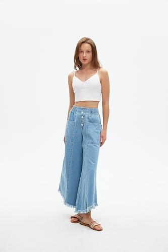 Women's Cropped Wide Leg High Waisted Baggy Jeans Raw Hem Button Closure Denim Pants with Pockets2