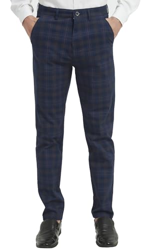 Yukirtiq Pantalon à Carreaux pour Homme Business Affaires Pantalon Décontracté Classique Slim Fit Chino Pantalons, Bleu, W34