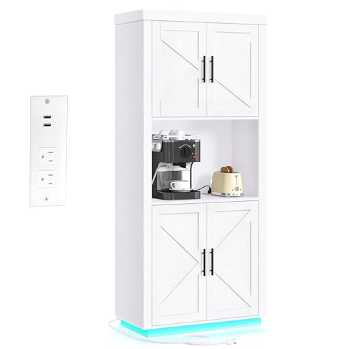 DWVO Kitchen Pantry Cabinet, Modern 71" Tall Kitchen Pantry Hutch Storage Cabinets with Lights & Charging Station & Microwave Stand for Living & Dining Room or Hallway, White