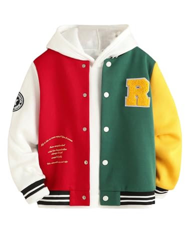 WDIRARA Boy's Letter Graphic Print Bomber Baseball Coat Button Front School Uniform Varsity Jacket