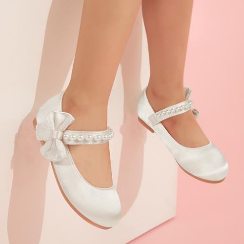 MEJORMEN Flower Girl Dress Shoes Mary Jane Ballet Flats Pearl Bowknot Princess Dress Shoes for Wedding Party School3