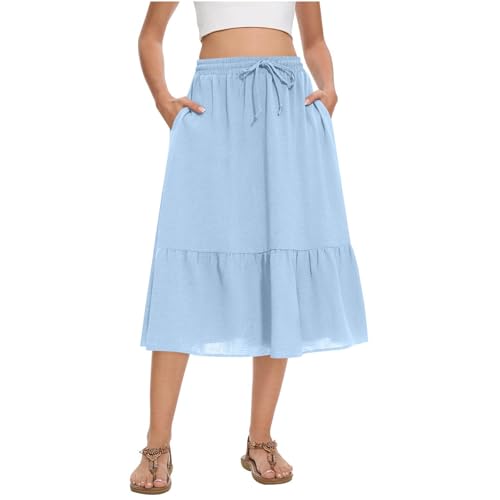 Women's Summer Boho Flowy Midi Skirt with Pockets Casual Elastic High Waist Tiered Long Skirts Ruffle A Line Skirts Light Blue