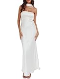 Women's Summer Satin Strapless Tube Top Maxi Dress Elegant Silk Backless Halter Neck Formal Party Dresses Wedding Guest White