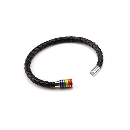 PHOGARY Gay Pride Bracelet LGBT Rainbow (2 Packs), Couple Black Leather Bracelet Men’s Women’s Bangle with Rainbow Striped Stainless steel Magnetic Clasp 22cm4