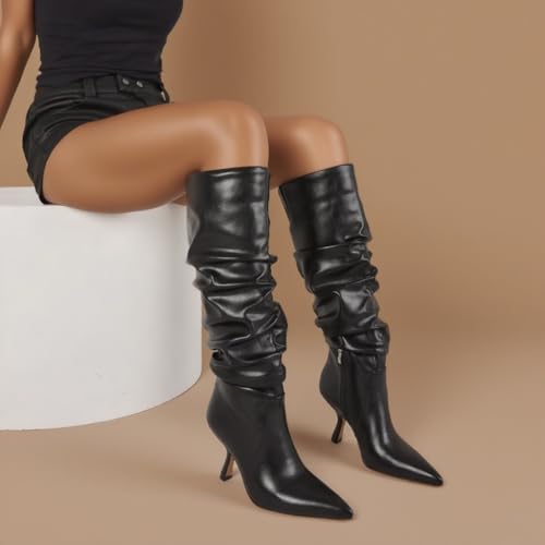 Erocalli Knee High Boots for Women Wide Calf Slouchy Tall Boot Kitten High Pointed Toe Side Zipper Winter Fashion4