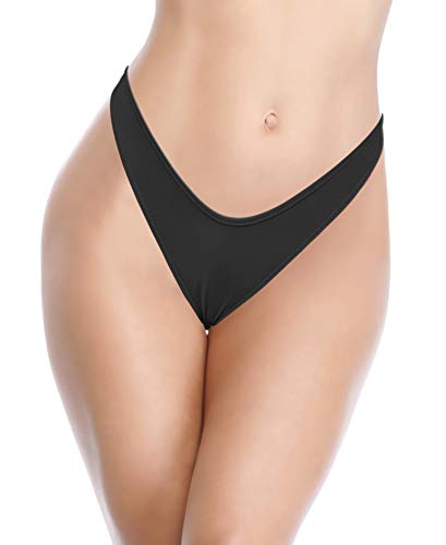 SHEKINI Women's Ruched Back Thong Bikini Bottom Sexy Brazilian Cheeky Swimsuit Bottom (Black, Small)