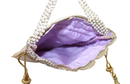 Image of MILAN'S CREATION Pure Banarasi Potli Silk Brocade Bag Purse Drawstring Women's handbag with Pearl Handle & Tassel Weddings